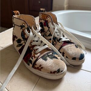 Christian Louboutin Velvet Floral High-Top Sneakers - Cream and Multicolor